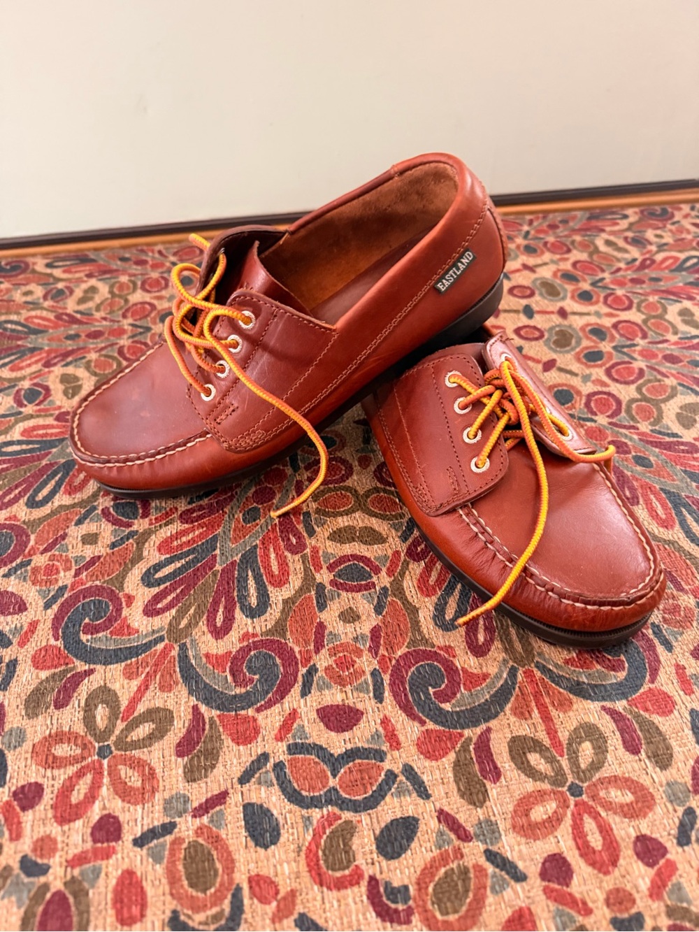 Eastland Chestnut Leather Boat Flats with Yellow Laces